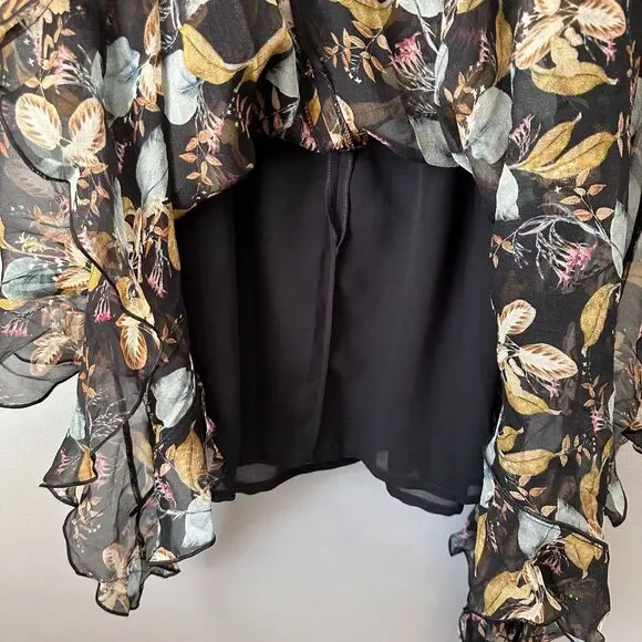 Nicholas Midi Dress US 6 Black Silk Romantic Asymmetric Floral Fairy Whimsygoth - Picture 7 of 10